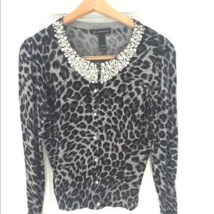 INC Pearl Collar Grey Leopard Cardigan, M
